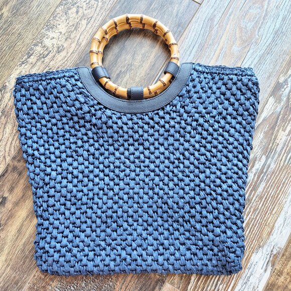 NWoT Talbots 100% Paper Straw Round Bamboo Handle Leather Trim Tote Bag Blue - Picture 5 of 13